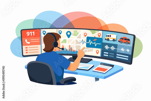 911 Emergency Dispatcher Working at Control Center with Wide Screen