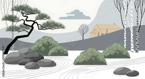 Serene winter landscape with trees and house in snowy scenery