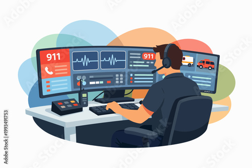 Emergency 911 Dispatcher Working at Multi Screen Control Console