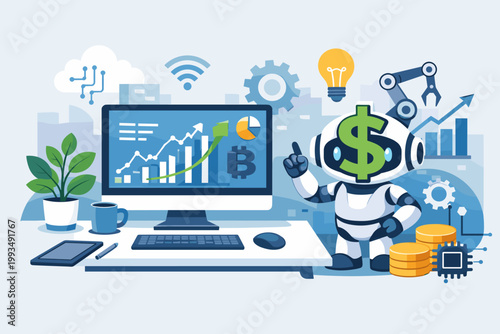 AI Robot with Dollar Sign Symbol Automating Financial Trading and Cryptocurrency Investment on Desktop Computer with Stock Market Charts, Fintech Innovation and Digital Workplace Technology Concept