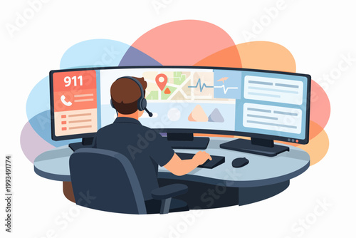 Emergency Dispatcher Operator Working at 911 Call Center Workstation