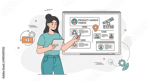 Woman presenting product launch video strategy on whiteboard, digital marketing concept