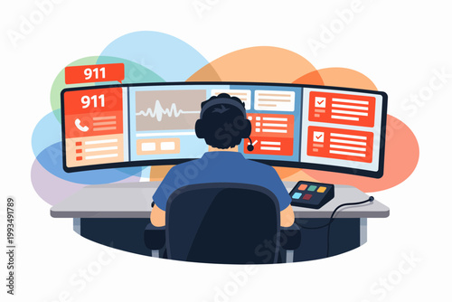 911 Emergency Dispatcher Working at Multi Screen Workstation