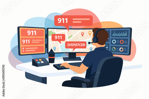 911 Emergency Dispatcher at Workstation with Multiple Monitors