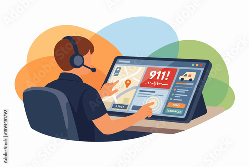 911 Emergency Dispatcher Managing Red Alert on Tablet