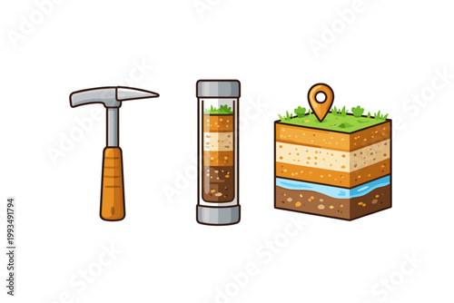 Geology and soil analysis vector icon set featuring a geologist's pick hammer, a core sample tube with stratified earth layers, and a 3D land cross-section showing groundwater and location pin.