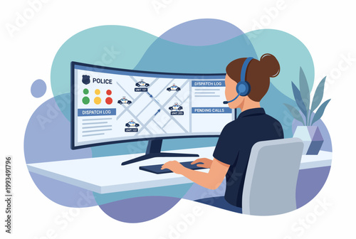 911 Emergency Police Dispatcher Monitoring Units on Digital Map