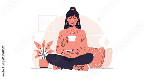 Woman Relaxing with Coffee Indoors, Cozy Home Atmosphere, Minimalist Illustration