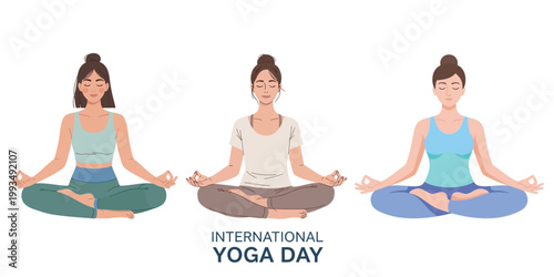 Yoga Meditation Trio Female Characters in Flat Illustration Style