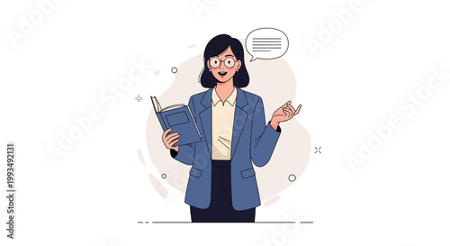 Woman teacher with glasses holding a book and talking, educational concept