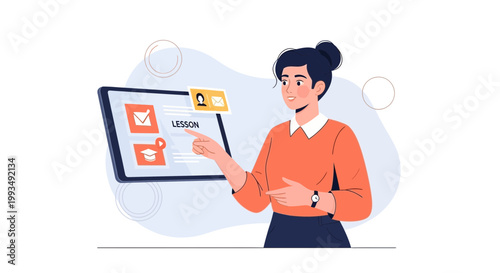 Woman teaching online lesson on tablet, e-learning, digital education concept