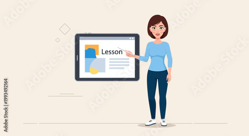 Woman teaching online lesson on tablet, e-learning, digital education, presentation