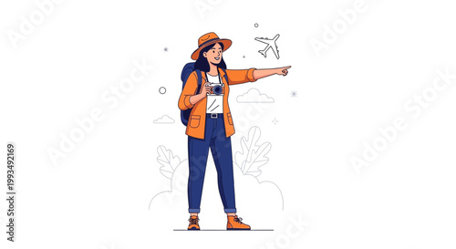 Woman traveler pointing direction with airplane icon, camera, and backpack