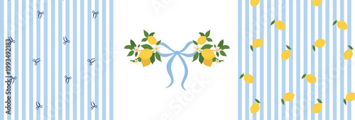 Elegant pastel blue ribbon bows decorated with lemons, and delicate white flowers. Clean, minimal botanical illustration set perfect for spring design, invitations, branding, and decorative elements. 