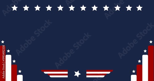 Animated footage of the American flag concept with copy space. Navy blue background with red, white, and white star ornaments. Perfect for American Independence Day content or greeting cards.