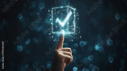 Finger presses digital check mark on glowing box in modern technology setting