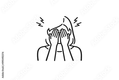 Minimalist Line Art Vector Icon of a Woman Covering Her Face with Hands Representing Stress, Migraine Headache, Mental Health Issues, Anxiety, Exhaustion, Depression, and Emotional Frustration