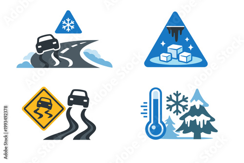 Winter Road Safety Symbols and Icons Set Featuring Slippery Road Warnings, Ice Alerts, Skid Marks, Frost Indicators, Thermometer, Snowflakes, and Icicles for Safe Winter Driving and Weather Caution