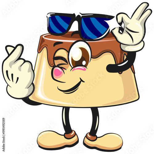 cute caramel pudding mascot character opening sunglasses while giving a sign of love smiling, dessert cartoon vector illustration isolated, work of hand drawn