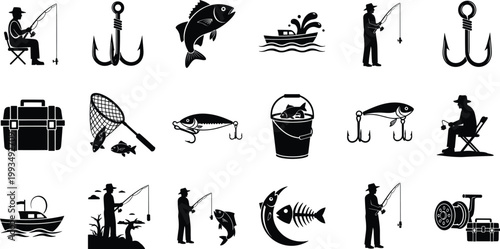 Fishing Silhouette Bundle with Fisherman Hooks Lures Tackle Box Boat and Fish Icons for Outdoor Sport Design
