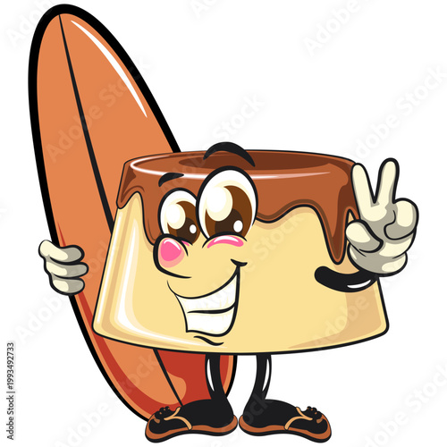 cute caramel pudding mascot character with surfboard and gave a peace sign, dessert cartoon vector illustration isolated, work of hand drawn