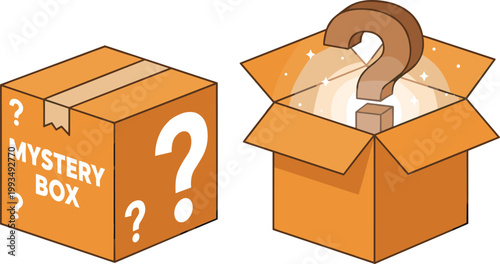 Cartoon vector illustration of mystery boxes showing surprise package concept with question mark symbol and exciting design