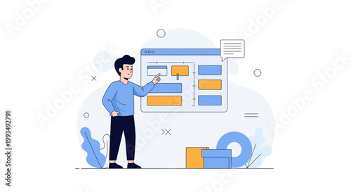 Man interacting with digital interface, flowchart, business strategy, planning, data visualization