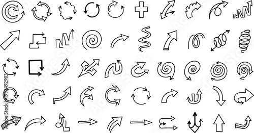 Tableau sur toile Hand Drawn Doodle Arrow Bundle with Circular Spiral Curved and Directional Icons