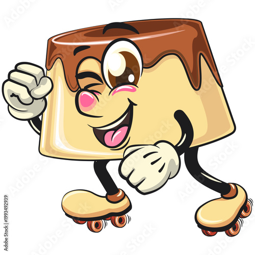cute caramel pudding mascot character playing roller skating, dessert cartoon vector illustration isolated, work of hand drawn