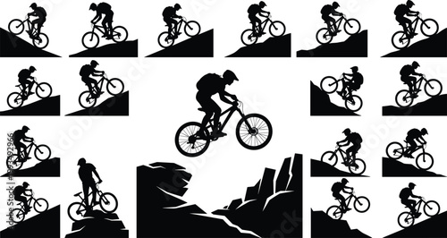 Mountain Bike Rider Silhouette Bundle with Various Action Poses on Rocky Terrain for Sports Design