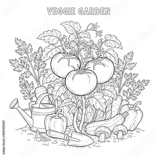 Veggie garden illustration with various vegetables and gardening tools on white background transparent background