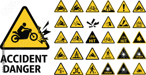 Motorcycle accident warning signs alert drivers.