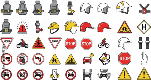 Safety icons represent various road regulations.