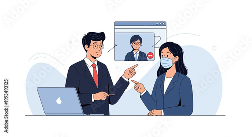 Business meeting via video conference, colleagues discuss project online, remote work