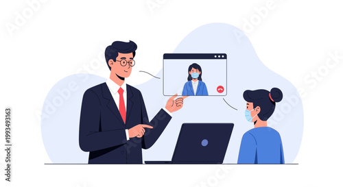 Business people in video conference call, wearing masks, discussing work online