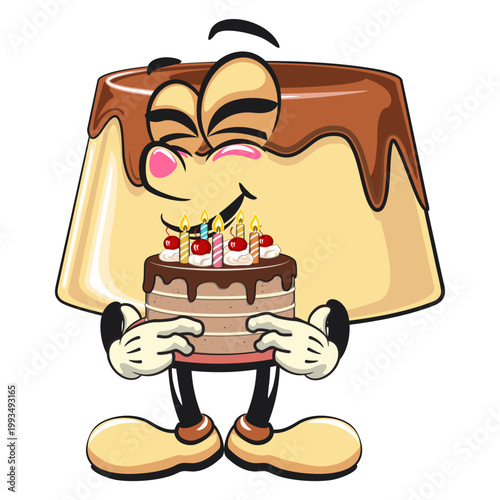 cute caramel pudding mascot character bring a birthday cake, dessert cartoon vector illustration isolated, work of hand drawn