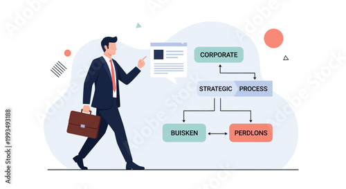 Businessman analyzing corporate strategic process diagram with keywords