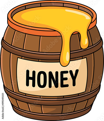 Cartoon honey barrel with label and dripping honey on white background