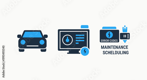 Car maintenance scheduling icons: vehicle computer calendar with maintenance schedule scheduling computer calendar automobile transport mechanical technology planning organization software
