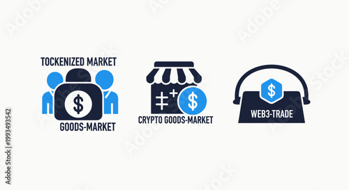 Market icons: goods crypto web trade with e commerce market place shopping commerce business cryptocurrency exchange internet illustration iconography transaction e-commerce investment