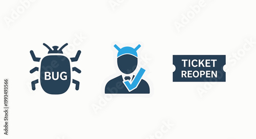 Icons representing bug tracking user verification ticket reopening with quality assurance tracking software development verification management illustration technology solution workflow