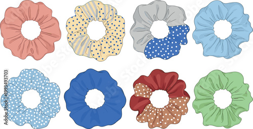 Scrunchie Hair Accessories Vector Set with Colorful Fabric Elastic Bands for Fashion, Hairstyle Design, Beauty Collection, and Trendy Textile Illustration