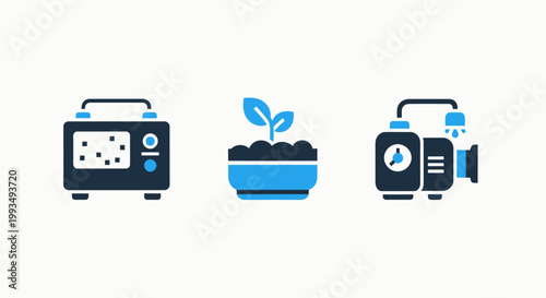 Air purifier plant in pot water pump icons with filtration clean air freshness appliance gardening decoration irrigation agriculture transfer mechanism technology equipment illustration