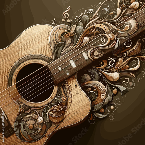Artistically crafted acoustic guitar with swirling designs and musical notes