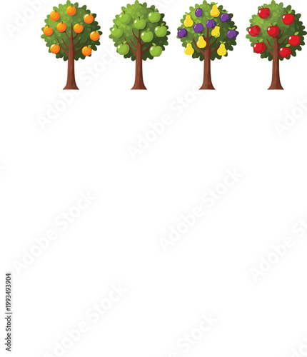 Fruit trees set with orange, green apple, plum and red apple trees, colorful orchard collection isolated on light background, detailed vector illustration