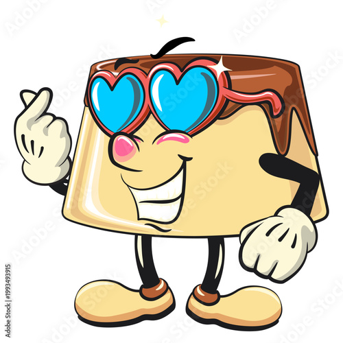 cute caramel pudding mascot character wearing heart shaped beach sunglasses, dessert cartoon vector illustration isolated, work of hand drawn