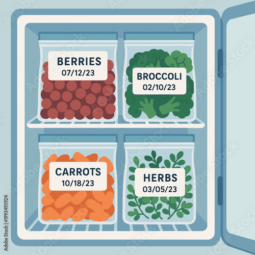 Frozen vegetables and fruits organized in a refrigerator, featuring healthy lifestyle concept