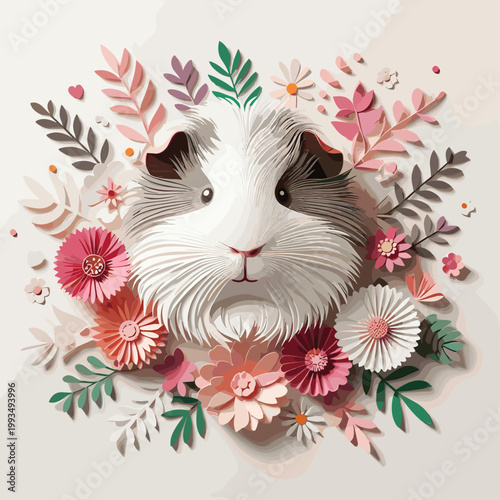 Guinea pig head crafted from paper with floral decorations in soft pastel colors