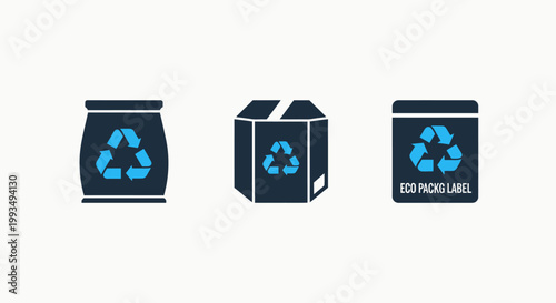 Eco-friendly recycling icons showing bag box bin with reusable and sustainable symbols recycling sustainable sustainability environment environmental packaging conservation awareness