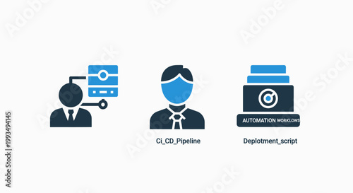 Business management and system deployment icons featuring user network server stack business management deployment administration information technology development software operation